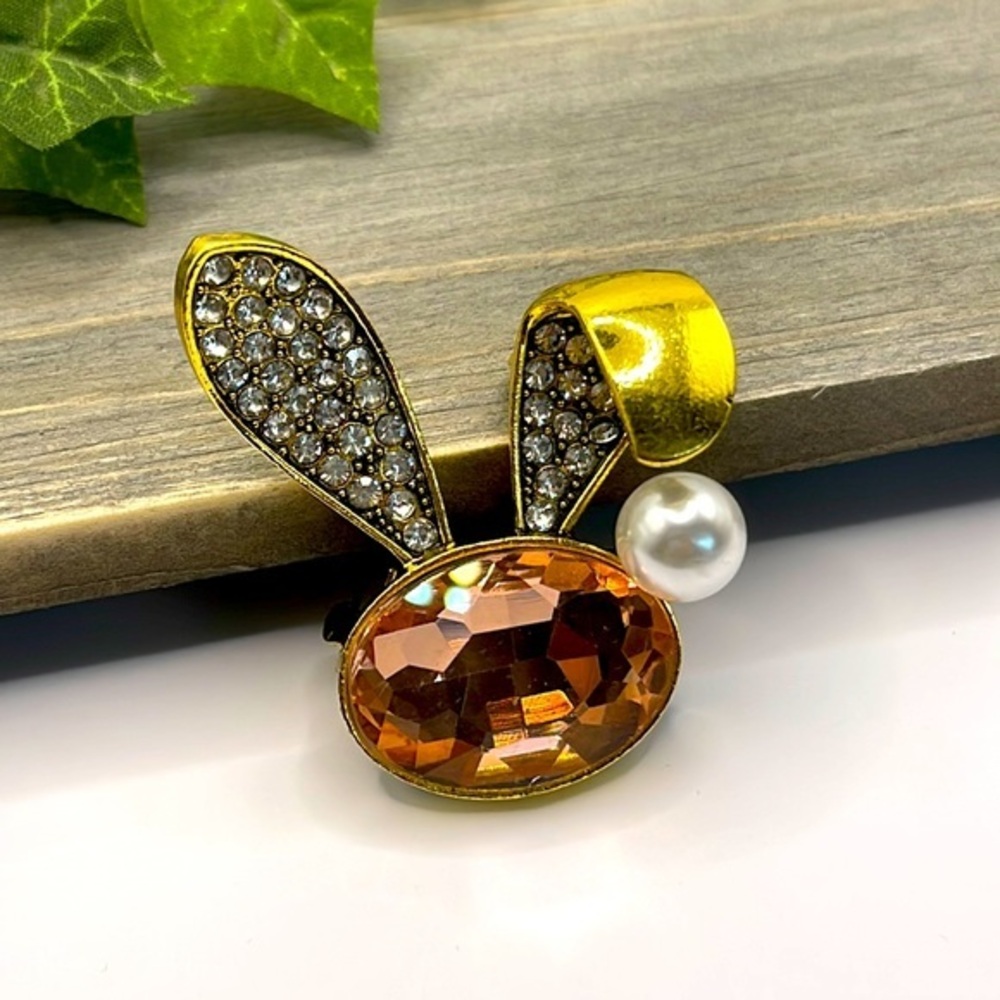 🌻 Vintage Peach Rhinestone Rabbit Ear Brooches - Picture 1 of 8